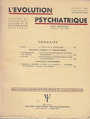 Imagen del vendedor de L'volution Psychiatrique - Cahiers de Psychologie clinique et de Psychopathologie gnrale - Fascicule IV - Anne 1958. a la venta por PRISCA