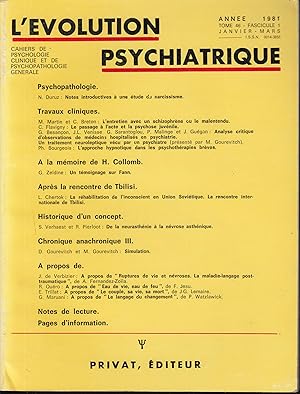 Immagine del venditore per L'volution Psychiatrique. Cahiers de Psychologie clinique et de Psychopathologie gnrale. - Tome 46 - Fascicule 1 - Anne 1981 - Janvier/Mars venduto da PRISCA