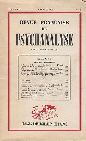 Imagen del vendedor de Revue Franaise de Psychanalyse - Tome XXIV - N 3 a la venta por PRISCA