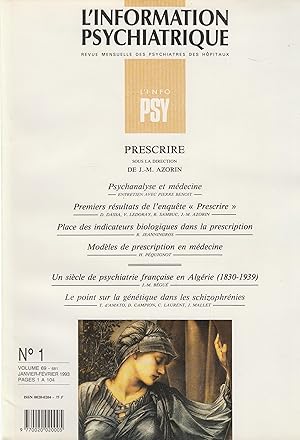 Imagen del vendedor de L'Information Psychiatrique - Revue mensuelle des Psychiatres des Hpitaux - N 1 - Volume 69 - Janvier/Fvrier 1993 - Prescrire. a la venta por PRISCA