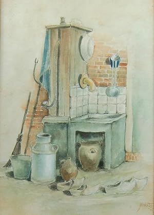 Original Aquarell von Jan Kost 1945; alte Bauernküche in Holland