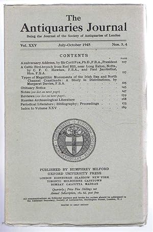 Seller image for The Antiquaries Journal, Being the Journal of The Society of Antiquaries of London, Volume XXV, 1945, Numbers 3 and 4. July and October 1945 for sale by Bailgate Books Ltd