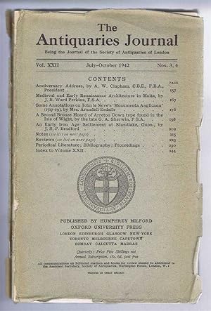 Seller image for The Antiquaries Journal, Being the Journal of The Society of Antiquaries of London, Volume XXII, 1942, Numbers 3 and 4. July and October 1942 for sale by Bailgate Books Ltd