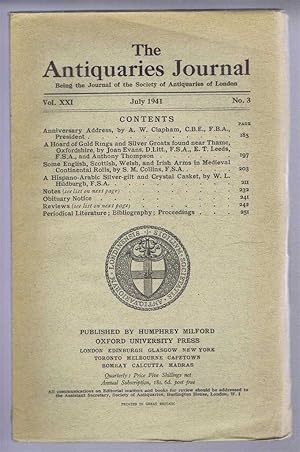 Bild des Verkufers fr The Antiquaries Journal, Being the Journal of The Society of Antiquaries of London, Volume XXI, 1941, Number 3. July 1941 zum Verkauf von Bailgate Books Ltd