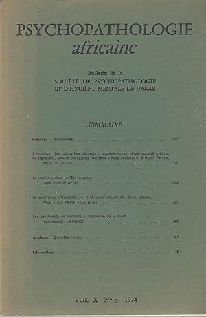 Image du vendeur pour Psychopathologie africaine - Bulletin de la Socit de Psychopathologie et d'Hygine Mentale de Dakar. - Vol. X - N 3. mis en vente par PRISCA