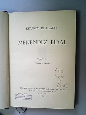 Bild des Verkufers fr Estudios Dedicados A Menendez Pidal. Tomo VII, Volumen II (Indices) zum Verkauf von Antiquariat Bookfarm