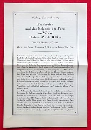 Frankreich und das Erlebnis der Form im Werke Rainer Maria Rilkes (Werbeprospekt des Verlages)