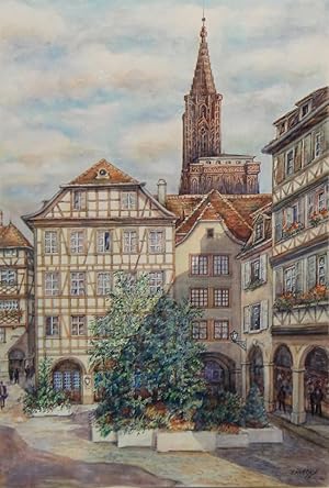 Aquarell von E.Herfeld; Strasbourg Straßburger Münster Altstadt