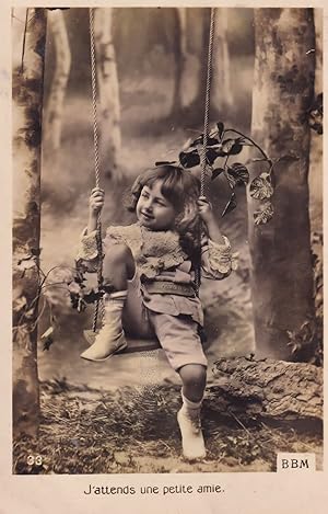 French Child Gypsy Girl on Swing J'Attends Petite Amie Old RPC Postcard