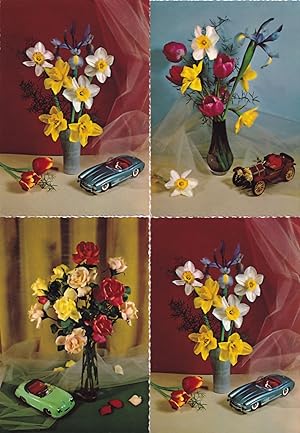 Flowers With Toy Model Classic Cars 4x 1960s German Unique Postcard s