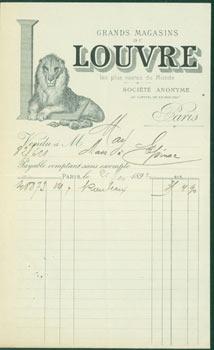 Receipt from Grand Magasins Du Louvre (Place Du Palais-Royal, Paris) 1892.