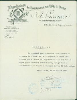 TLS from A. Garnier (23 & 25 Rue d'Eupatoria, Paris) July 29, 1943.