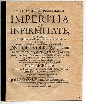 Bild des Verkufers fr Juristische Inaugural-Dissertation. De imperitia et infirmitate. zum Verkauf von Wissenschaftliches Antiquariat Kln Dr. Sebastian Peters UG