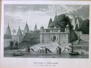 Benares in Bengalen, Die heilige Stadt der Hindus, Ansicht der Tempelanlage vom Fluß aus gesehen,...