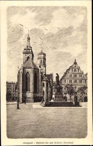 Immagine del venditore per Knstler Ansichtskarte / Postkarte Stuttgart in Baden Wrttemberg, Stiftskirche mit Schiller Denkmal venduto da akpool GmbH