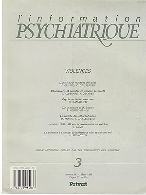 Image du vendeur pour L'Information Psychiatrique - Revue mensuelle publie par les Psychiatres des Hpitaux - N 3 - Volume 64 - Mars 1988 - Violences. mis en vente par PRISCA