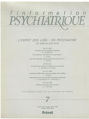 Immagine del venditore per L'Information Psychiatrique - Revue mensuelle publie par les Psychiatres des Hpitaux - N 7 - Volume 62 - Septembre 1986 - L'esprit des lois . en psychiatrie de 1838 au secteur. venduto da PRISCA