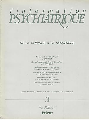 Seller image for L'Information Psychiatrique - Revue mensuelle publie par les Psychiatres des Hpitaux - N 3 - Volume 62 - Mars 1986 - De la Clinique  la Recherche. for sale by PRISCA