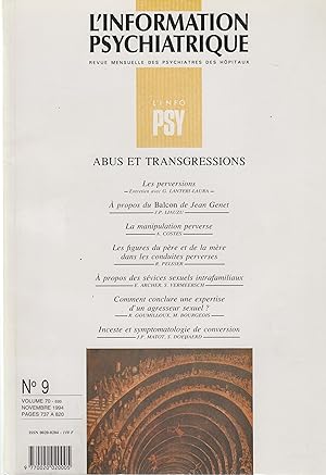Seller image for L'Information Psychiatrique - Revue mensuelle des Psychiatres des Hpitaux - N 9 - Volume 70 - Novembre 1994 - Abus et transgression. for sale by PRISCA
