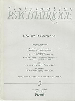 Image du vendeur pour L'Information Psychiatrique - Revue mensuelle publie par les Psychiatres des Hpitaux - N 3 - Volume 63 - Mars 1987 - Soin aux Psychotiques. mis en vente par PRISCA