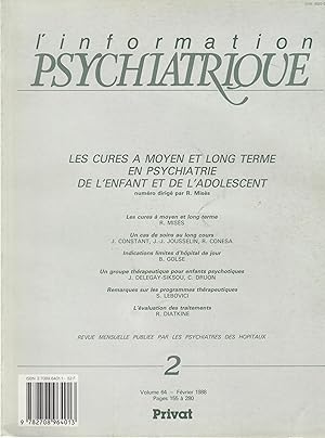 Image du vendeur pour L'Information Psychiatrique - N 2 -Volume 64 - Fvrier 1988 - Les cures  moyen et long terme en psychiatrie de l'enfant et de l'adolescent. mis en vente par PRISCA