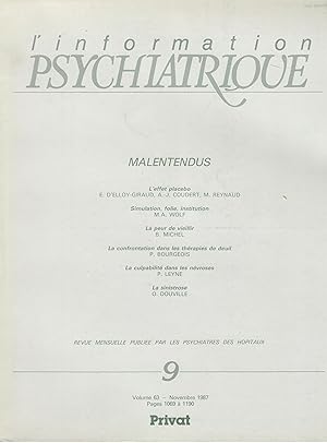 Bild des Verkufers fr L'Information Psychiatrique - Revue mensuelle publie par les Psychiatres des Hpitaux - N 9 - Volume 63 - Novembre 1987 - Malentendus. zum Verkauf von PRISCA