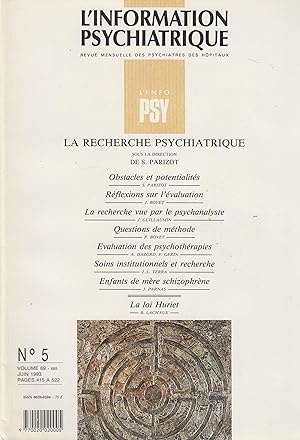 Imagen del vendedor de L'Information Psychiatrique - Revue mensuelle des Psychiatres des Hpitaux - N 5 - Volume 69 - Juin 1993 - La Recherche Psychiatrique. a la venta por PRISCA