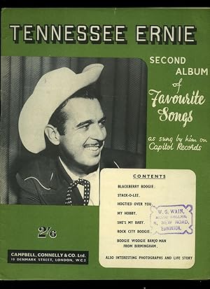 Image du vendeur pour Tennessee Ernie Second Album of Favourite Songs | As Sung by Tennessee Ernie on Capitol Records | Containing: Blackberry Boogie - Stack-O-Lee - Hogtied Over You - My Hobby - She's My Baby - Rock City Boogie - Boogie Woogie Banjo Man from Birmingham [Vintage Piano Sheet Music] mis en vente par Little Stour Books PBFA Member