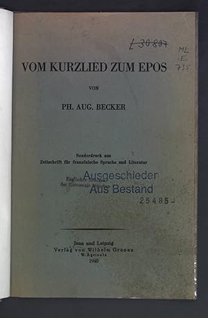 Seller image for Vom Kurzlied zum Epos Sonderdruck aus - Zeitschrift fr franzsische Sprache und Literatur for sale by books4less (Versandantiquariat Petra Gros GmbH & Co. KG)