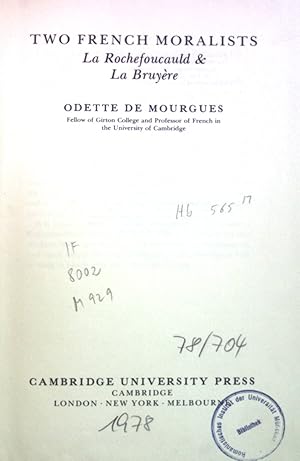 Bild des Verkufers fr Two French Moralists: La Rochefoucauld and La Bruyre: La Rochefoucauld and La Bruyere (Major European Authors Series). zum Verkauf von books4less (Versandantiquariat Petra Gros GmbH & Co. KG)