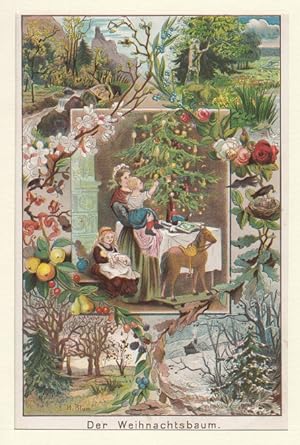 Original kolorierte Chromolithographie: Unterm Weihnachtsbaum. H. Blum.