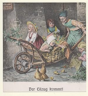 Bild des Verkufers fr Original kolorierter Holzstich: Der Eilzug kommt. Franz Hanfstaengl. zum Verkauf von Allguer Online Antiquariat