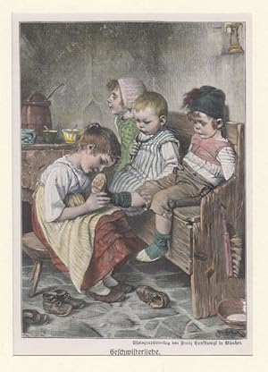 Bild des Verkufers fr Original kolorierter Holzstich: Geschwisterliebe. Photographie von Franz Hanfstaengl in Mnchen. zum Verkauf von Allguer Online Antiquariat