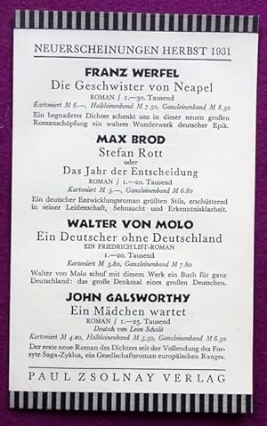 Seller image for Werbung "Neuerscheinungen Herbst 1931" (Werbeprospekt des Verlages) (Franz Werfel, Max Brod, W. von Molo, Galsworthy, Ernst Lothar, S. Asch, Edschmid, R. Neumann, Felix Salten, Ernst Weiss, Grete von Urbanitzky, Colette, Frank Thiess, Flp-Miller, Joseph Chapiro, Hai Schang Schuo Mong Jen) for sale by ANTIQUARIAT H. EPPLER