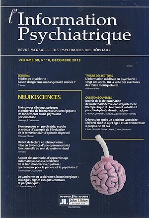 Seller image for L'Information psychiatrique - Revue mensuelle des Psychiatres des Hpitaux - Volume 89, N 10, Dcembre 2013 - Neurosciences. for sale by PRISCA