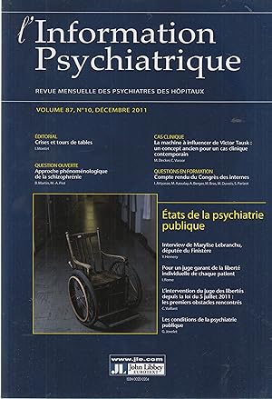 Immagine del venditore per L'Information Psychiatrique - Revue mensuelle des Psychiatres des Hpitaux - Volume 87, N 10, Dcembre 2011 - tats de la psychiatrie publique. venduto da PRISCA