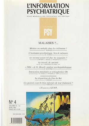Seller image for L'Information Psychiatrique - Revue mensuelle des Psychiatres des Hpitaux - N 4 - Volume 73 - Avril 1997 - Malaises ?. for sale by PRISCA
