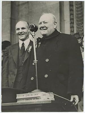 An original wartime press photograph of Prime Minister Winston S. Churchill giving a campaign spe...