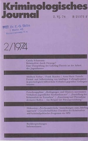 Seller image for 2 / 1974. Kriminologisches Journal. 6. Jahrgang. for sale by Fundus-Online GbR Borkert Schwarz Zerfa