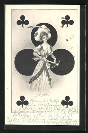 Ansichtskarte Kartenspiel, Kreuz Dame mit Armbrust in Hand haltend
