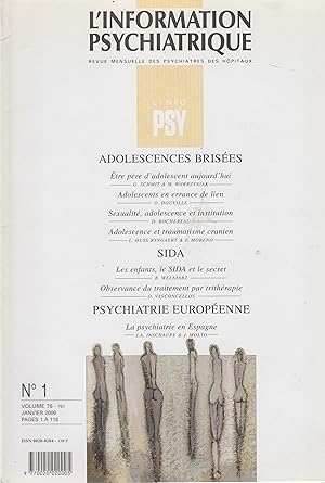 Imagen del vendedor de L'information Psychiatrique - Adolescence brises - Sida - Psychiatrie Europenne - N 1 - Volume 76 a la venta por PRISCA