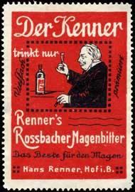 Bild des Verkufers fr Reklamemarke Der kenner trinkt nur Renners Rossbacher Magenbitter zum Verkauf von Veikkos