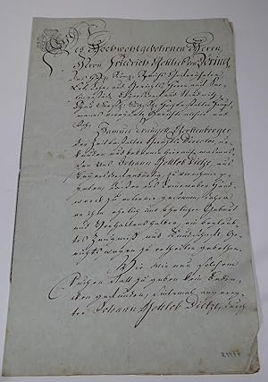 Imagen del vendedor de Dekorative Urkunde im Namen von Friedrich Gottlieb von Dring ber die eheliche Geburt von Johann Gottlob Dietze, der das Leinweber-Handwerk erlernen mchte, getauft am 30. April 1781 als Sohn des Huslers und Leinwebers Andreas Dietze in Beiersdorf und der Rosine Elisabeth, geb. Brodkorb. a la venta por Antiquariat Thomas Mertens