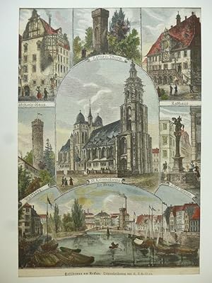 Orig. kolorierter Holzstich - Heilbronn am Neckar. Originalzeichnung von E. Schröder.