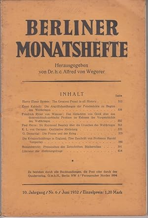 Bild des Verkufers fr Berliner Monatshefte fr internationale Aufklrung. 10. Jahrgang / Nr. 6 / August 1932 zum Verkauf von Allguer Online Antiquariat