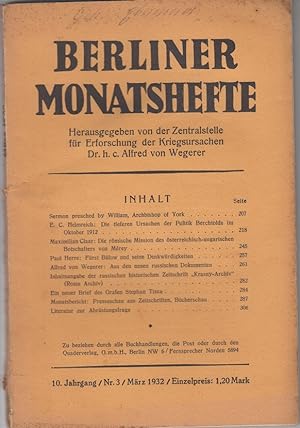 Bild des Verkufers fr Berliner Monatshefte fr internationale Aufklrung. 10. Jahrgang / Nr. 3 / August 1932 zum Verkauf von Allguer Online Antiquariat