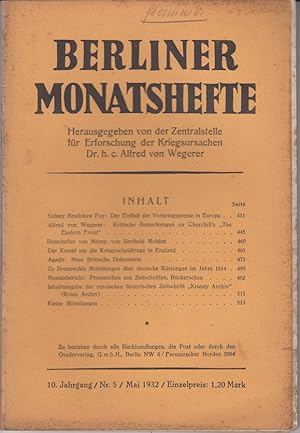 Bild des Verkufers fr Berliner Monatshefte fr internationale Aufklrung. 10. Jahrgang / Nr. 5 / Mai 1932 zum Verkauf von Allguer Online Antiquariat