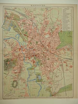 Orig. kolorierter Holzstich - Karte von Hannover. Brockhaus Konversations-Lexikon, 14. Aufl.