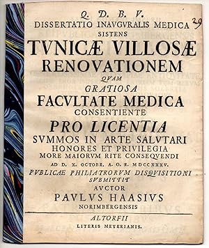 Seller image for Medizinische Inaugural-Dissertation. Tunicae villosae renovationem. for sale by Wissenschaftliches Antiquariat Kln Dr. Sebastian Peters UG