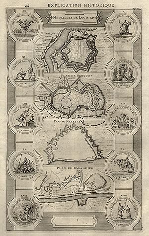 Bild des Verkufers fr 4 Befestigungsgrundrisse, "Plan de Gravelines - Plan de Bergues - Plan de Mayence - Plan de Balaguier", 10 Abbildungen von MedaIlen,. zum Verkauf von Antiquariat Clemens Paulusch GmbH